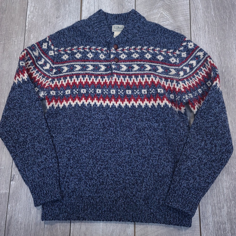 L.L. Bean Sweater Mens Medium Blue Fair Isle Lambswool Henley Mock Neck 298259